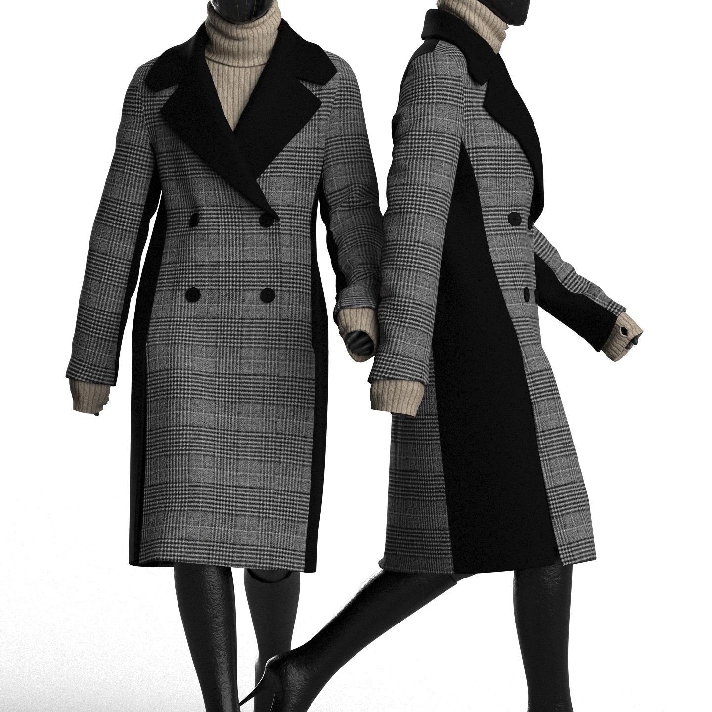 秋冬爆款格纹大衣clo3d模型 含PRJ/DXF源文件 高领毛衣黑靴套装
