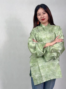 藏式宽松真丝斜襟手工扣衬衫