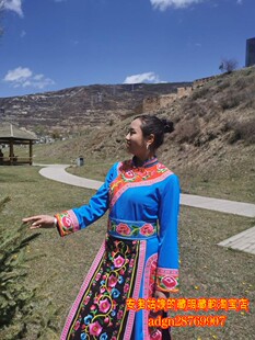 安多姑娘推荐阿坝羌族传统女式服饰云肩长衫围裙羌装蓝色羌服套装