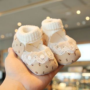 春秋女婴幼童公主鞋袜蕾丝梦幻薄款小宝宝0-1岁6-8个月防掉学步鞋