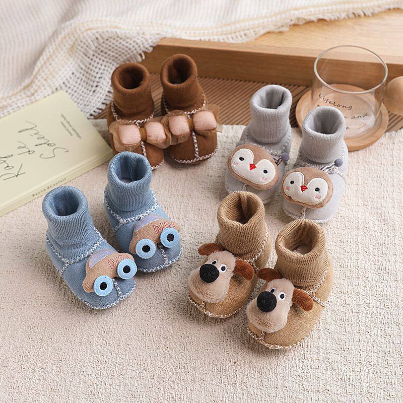 婴儿秋冬加绒袜鞋男女宝宝保暖厚脚套不掉可爱公仔0-1岁软底袜子