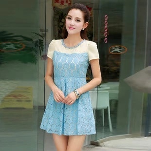 瑕疵款 有勾丝蕾丝拼接圆领刺绣设计领蓬蓬裙摆连衣裙