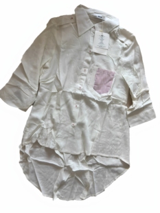 瑕疵款亚麻粘纤七分袖中性风格开衫外套前短后长文艺风翻领兜衬衫