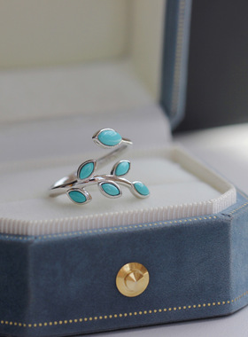 天然湖北原矿绿松石戒指金枝玉叶s925纯银开口戒指蓝松石