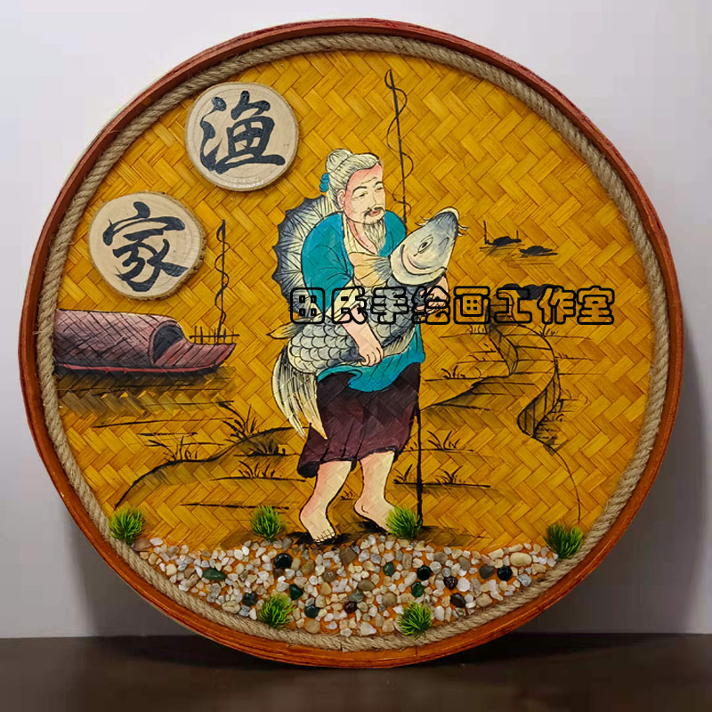 手绘竹编画复古怀旧鱼火锅餐馆饭店墙壁挂饰农家乐墙面装饰品挂件图片