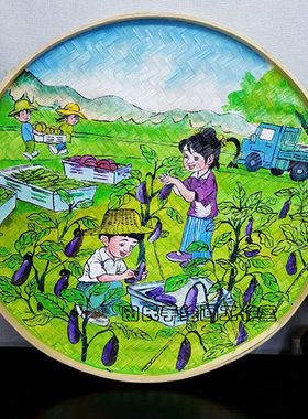 手绘簸箕画田园幼儿园墙面装饰画