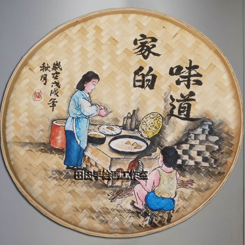 竹编簸箕火锅店个性创意墙面装饰画