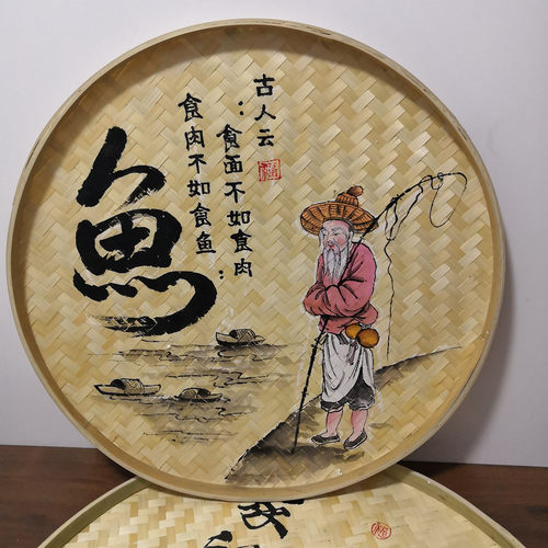 手绘竹编农庄装饰挂件墙壁簸箕画