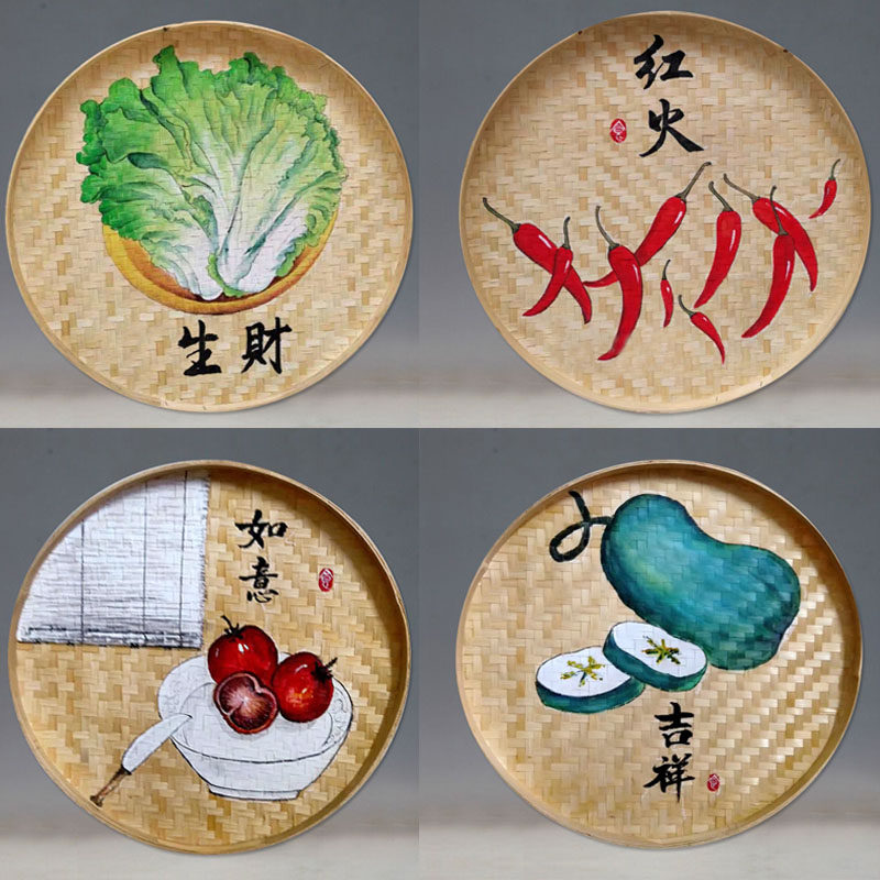 手绘竹编簸箕画农庄农家乐墙面装饰画农作物挂件蔬菜瓜果墙壁挂饰