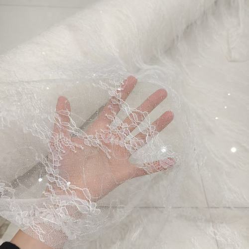 珍珠米色轻薄蕾丝花边珠片绣辅料布