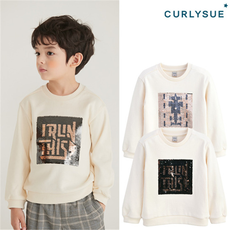 curlysue可爱秀韩国童装秋季儿童卫衣男女童圆领翻转亮片长袖上衣