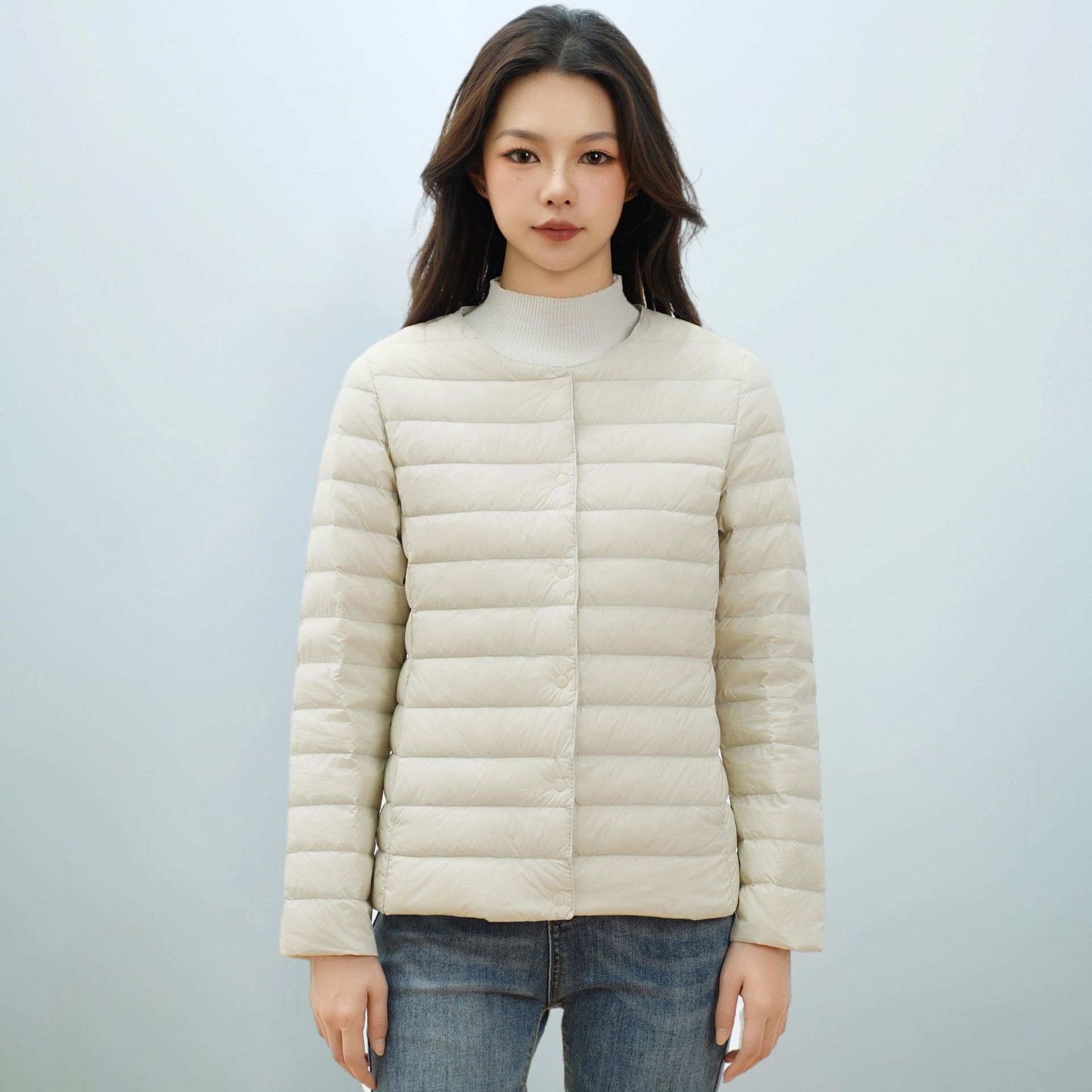 2025新款女式新国标90绒新款纯色女装圆领V领简约长袖羽绒服外套