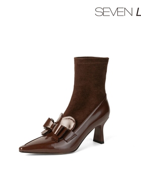SEVEN LUNA国内正品2024秋冬气质蝴蝶结弹力瘦瘦靴短靴女SLPD603