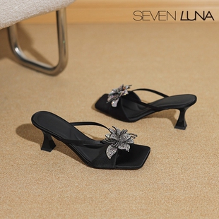 SEVEN LUNA~国内正品2025夏法式气质水钻花朵高跟凉拖鞋女SLZF106