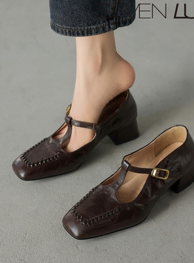 SEVEN LUNA~国内正品2025秋冬法式复古玛丽珍鞋粗跟单鞋女SLWC395