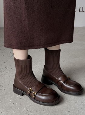 SEVEN LUNA~国内正品2025秋冬复古针织弹力靴瘦瘦靴短靴女SLWC662