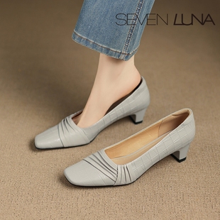 SEVEN LUNA国内正品~2026春季法式褶皱通勤方头粗跟单鞋女SLFD231