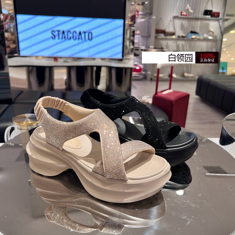 Staccato思加图~专柜正品2025夏季厚底增高烫钻休闲凉鞋女EE507