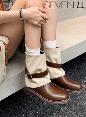 SEVEN LUNA~国内正品2025秋冬复古西部牛仔靴粗跟裤管靴女SLBL935