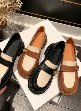 SEVEN LUNA~国内正品2023春复古拼色透气乐福鞋粗跟单鞋女SLMO037