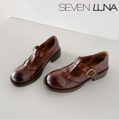 SEVEN LUNA国内正品~2026春复古水洗牛皮小皮鞋粗跟单鞋女SLWC792