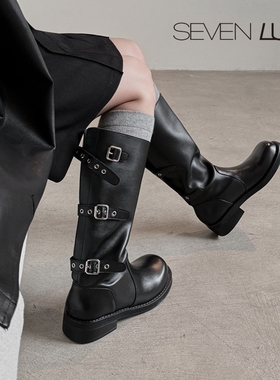 SEVEN LUNA~国内正品2025秋冬酷飒机车靴骑士靴高筒长靴女SLKM537