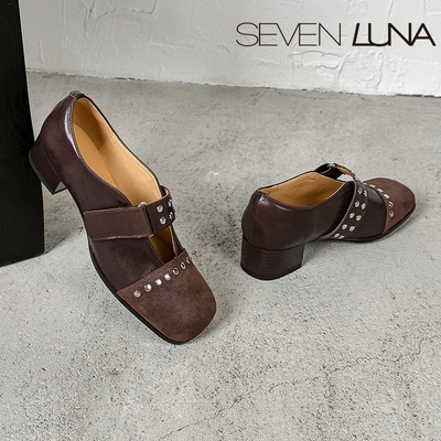 SEVEN LUNA~国内正品2025秋法式复古铆钉小皮鞋粗跟单鞋女SLKM092