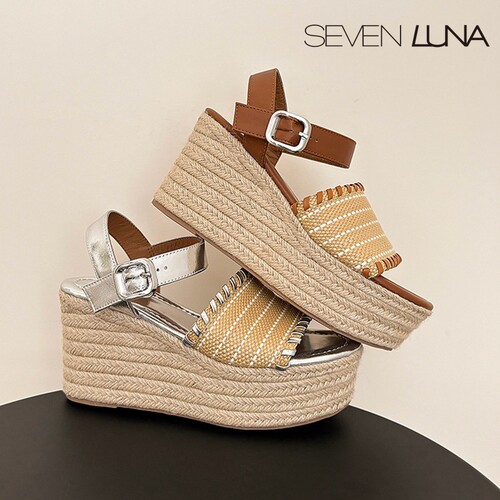 SEVEN LUNA~国内正品2025夏度假风编织坡跟厚底增高凉鞋女SLHY074