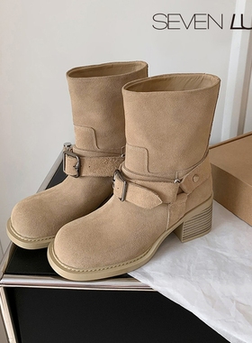 SEVEN LUNA~国内正品2025秋冬英伦皮带扣马丁靴粗跟短靴女SLBL995