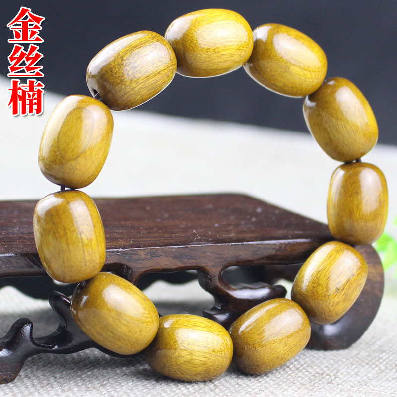 厂家直销四川金丝楠木手串个性老桶珠男女木质文玩黄绿料单圈手链