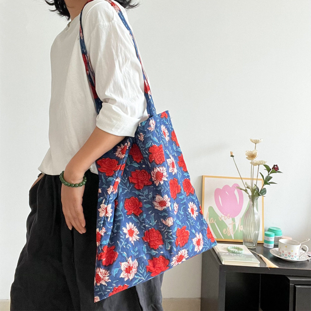 遇见春天印度风古朴质感传统拓印棉布单肩包韩版简约环保袋帆布袋