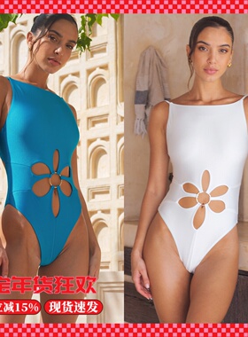 walkingChic白色连体泳衣女性感镂空露背聚拢显瘦遮肚度假泳装