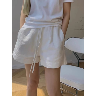 白色亚麻运动阔腿短裤女2024新款夏季薄款裤子外穿休闲棉麻五分裤