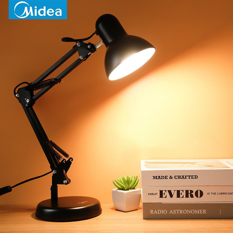 美的书桌台灯学习写字办公工作专用卧室复古床头家用长臂折叠夹式