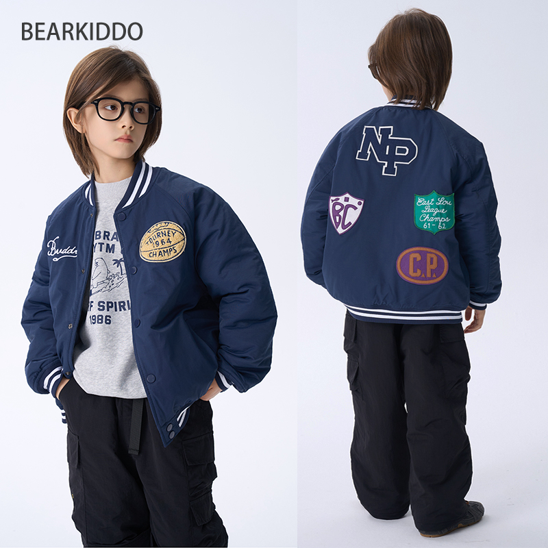 BearKiddo美式儿童加厚夹棉运动棒球服2024冬款新款男童日系外套