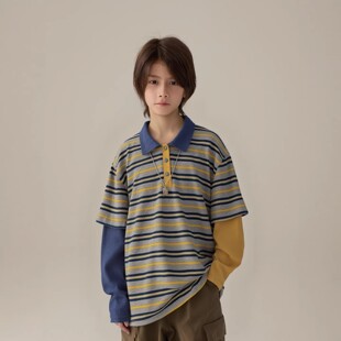 日系男童翻领polo衫假两件条纹针织衫儿童春装新款长袖T恤打底衫