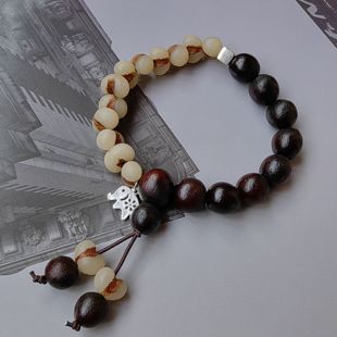 金佛草菩提搭配暗红无患子近圆手串925银小象方块手链时尚礼物