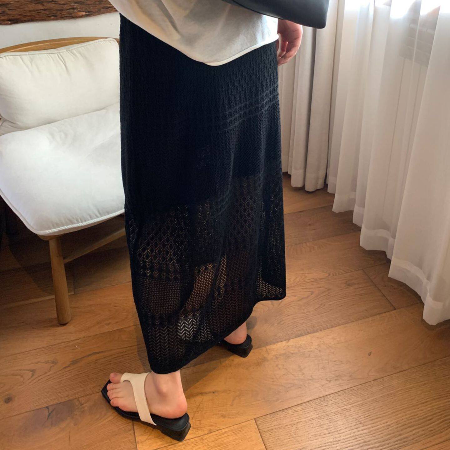 2026春新品气质镂空蕾丝针织半身裙女黑色抽绳A字长裙通勤大摆裙