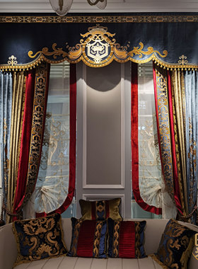 美式法式奢华窗帘别墅绒布刺绣洛可可红色高档贴绒独秀欧式宫廷风