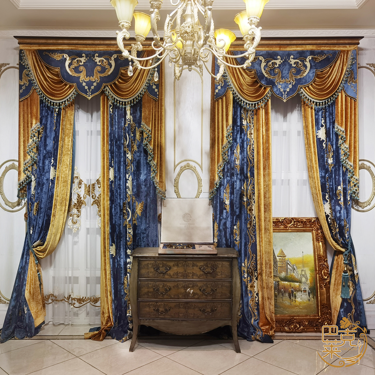 欧式高档大气客厅卧室遮光定制窗帘豪华别墅高窗蓝色绣花美式中式