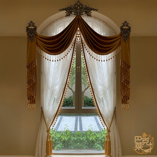 别墅高端纯色绒布水波帘头 复古美式 欧式 窗帘客厅奢华大气卧室法式