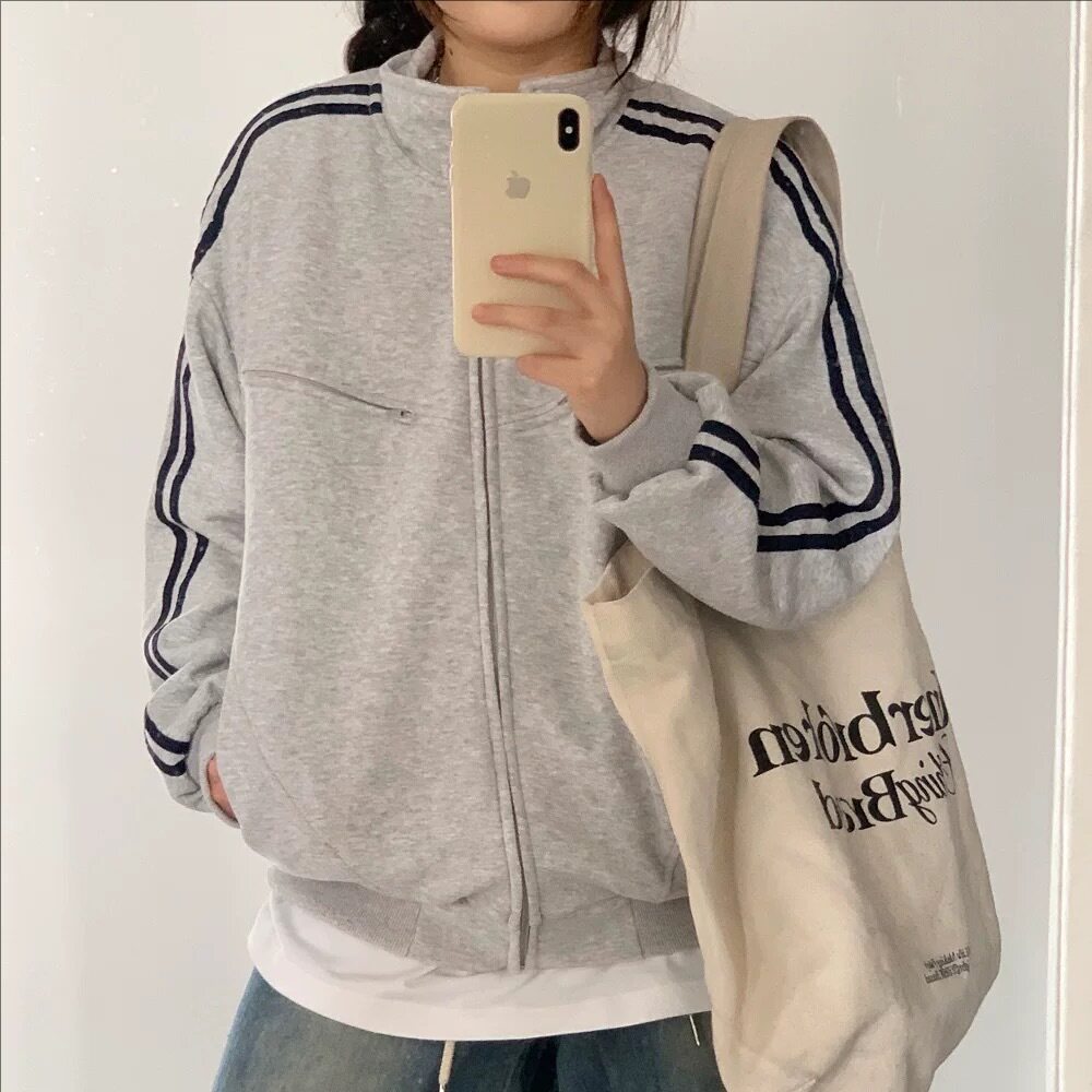 灰色卫衣拉链外套女2025新款秋季日系设计感小众百搭条纹潮流开衫