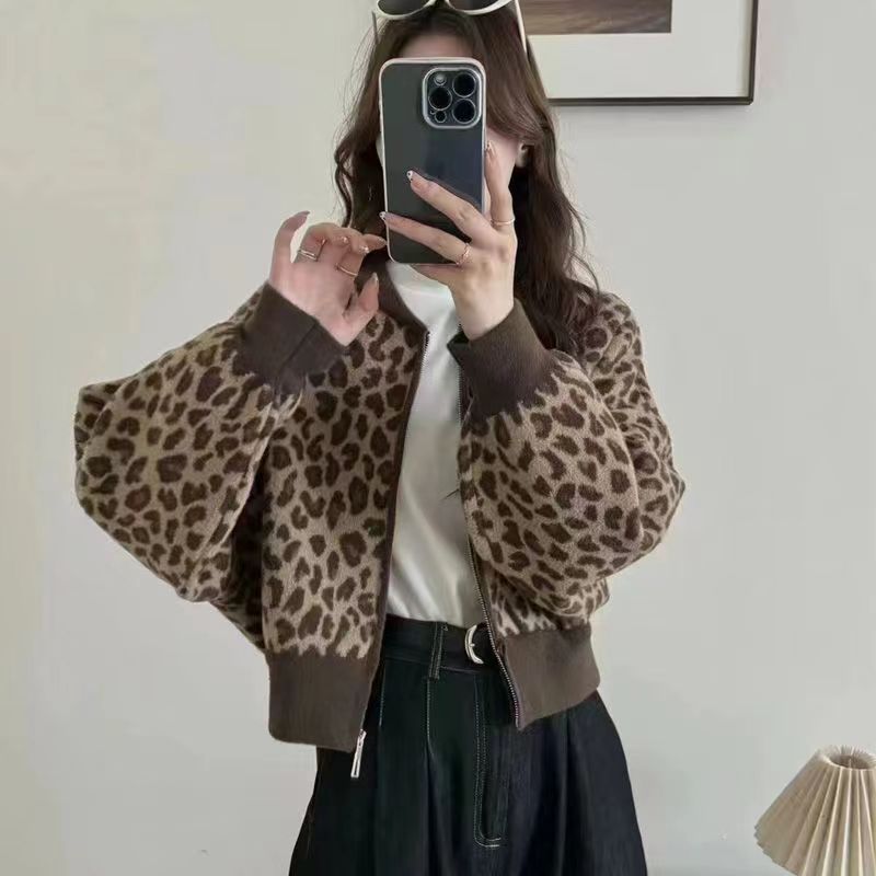 欧洲站豹纹拼色时尚短外套女开衫