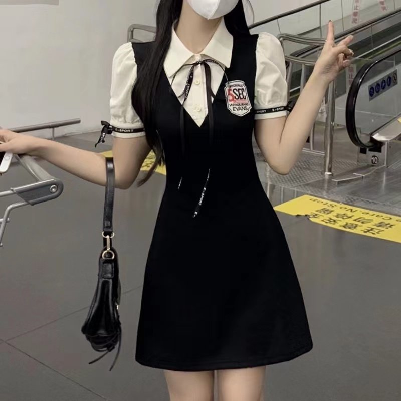 法式polo领衬衫连衣裙女夏2026学院风撞色假两件洋气JK制服a字裙