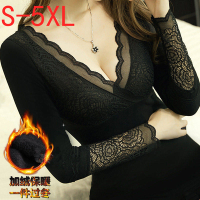 加绒加厚上衣百搭打底衫蕾丝