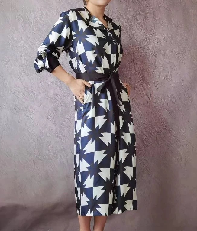 优雅奢华 宽松藏肉 重磅真丝斜纹绸 几何印花真丝连衣裙