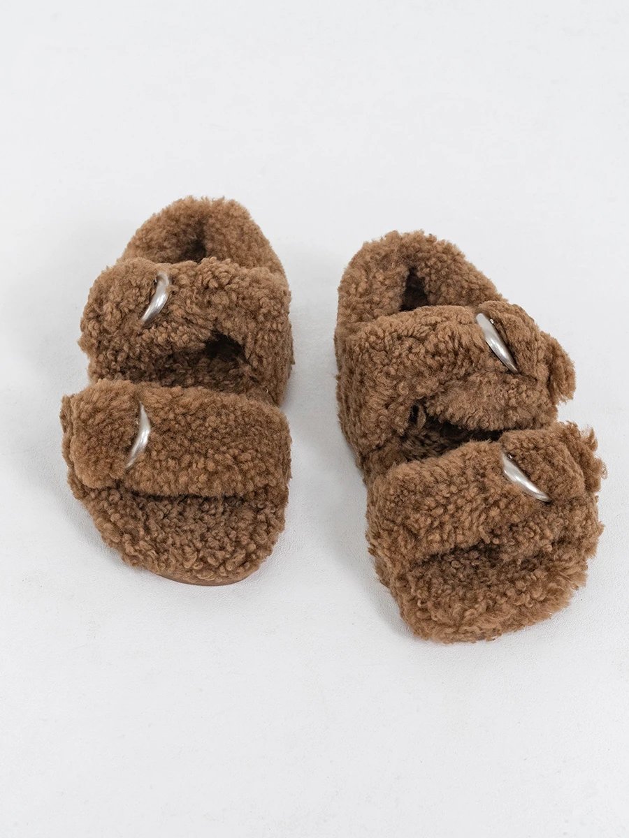 新唐会意奢羊皮毛一体金属扣休闲时尚高级感 百搭减龄凉鞋毛毛鞋