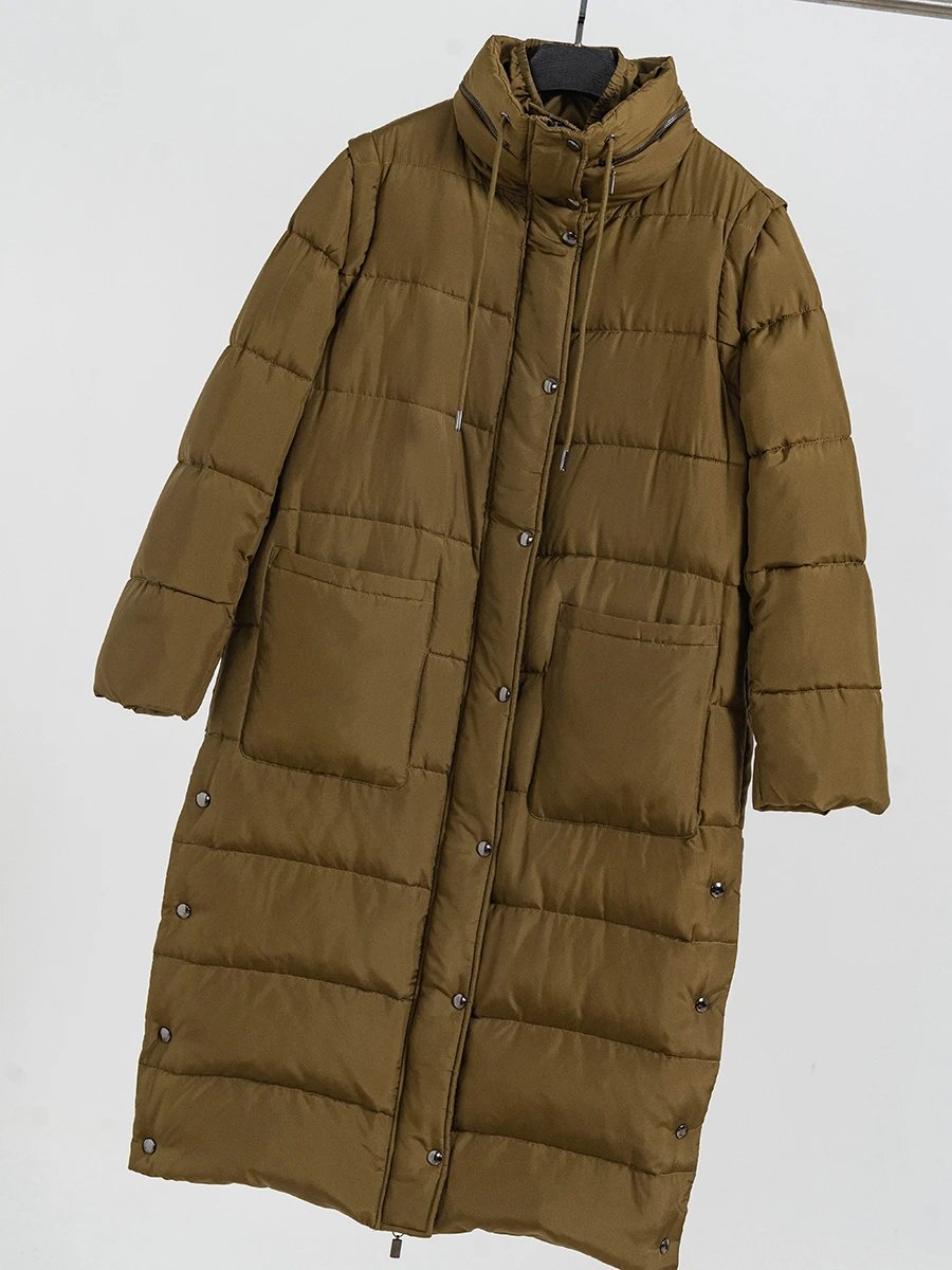 意奢 重磅桑蚕丝90白鹅绒袖子可拆卸绗缝蓬松长款真丝羽绒服外套