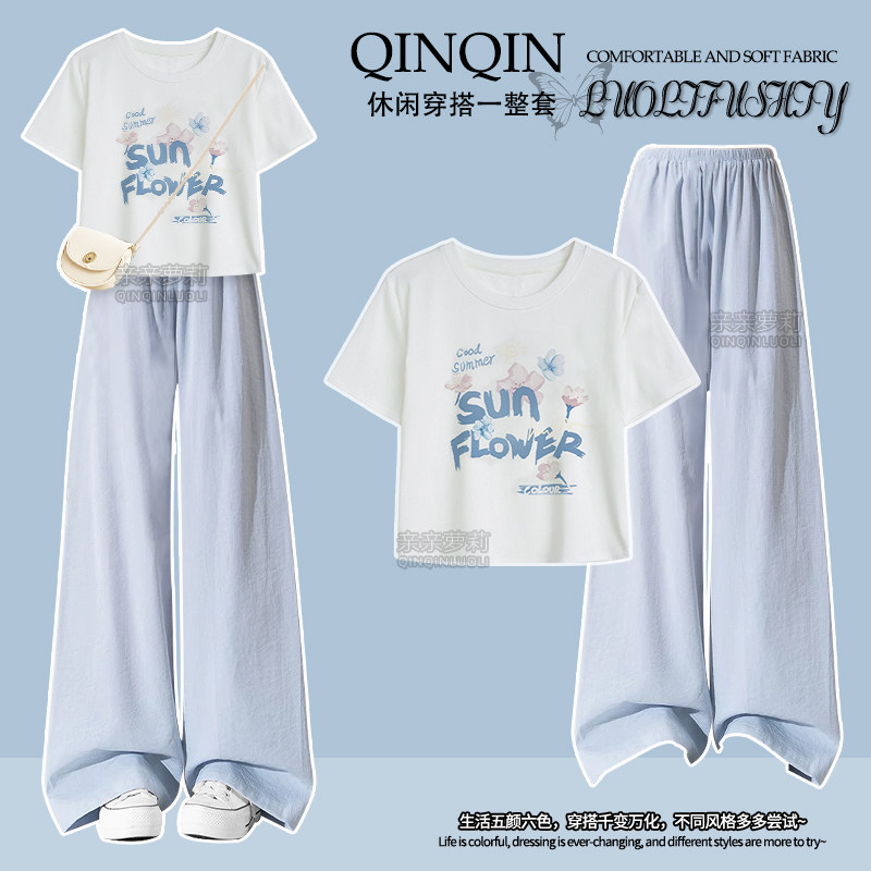女童夏季短袖套装2026新青少年圆领T恤阔腿山本裤少女裤子两件套