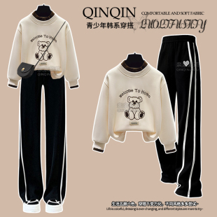 女童阔腿裤套装2024新款半高领卫衣中大童休闲卫裤秋冬加绒两件套